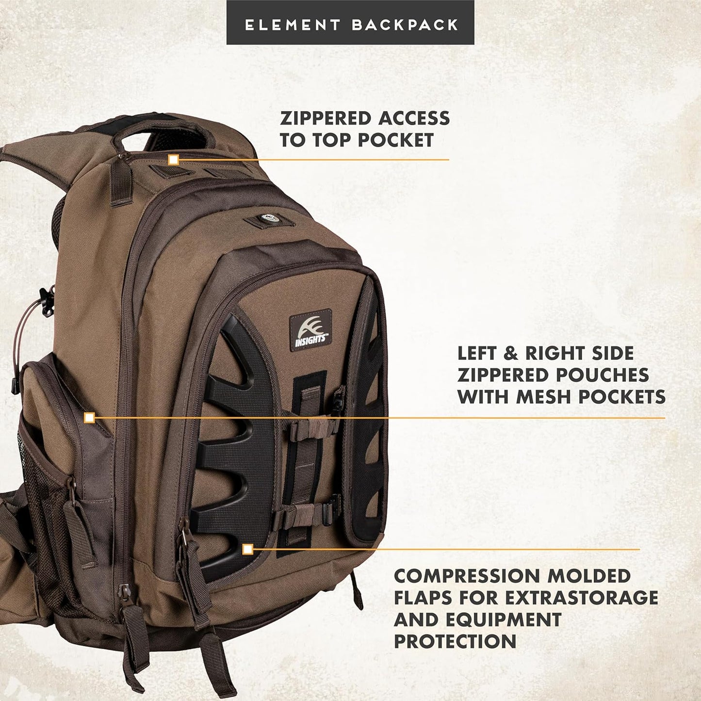 Insights Hunting by frogg toggs - The Element, Heavy Duty 1,831 Cubic Inch Hiking Fishing Camping Hunting Backpack, Solid Elements Brown