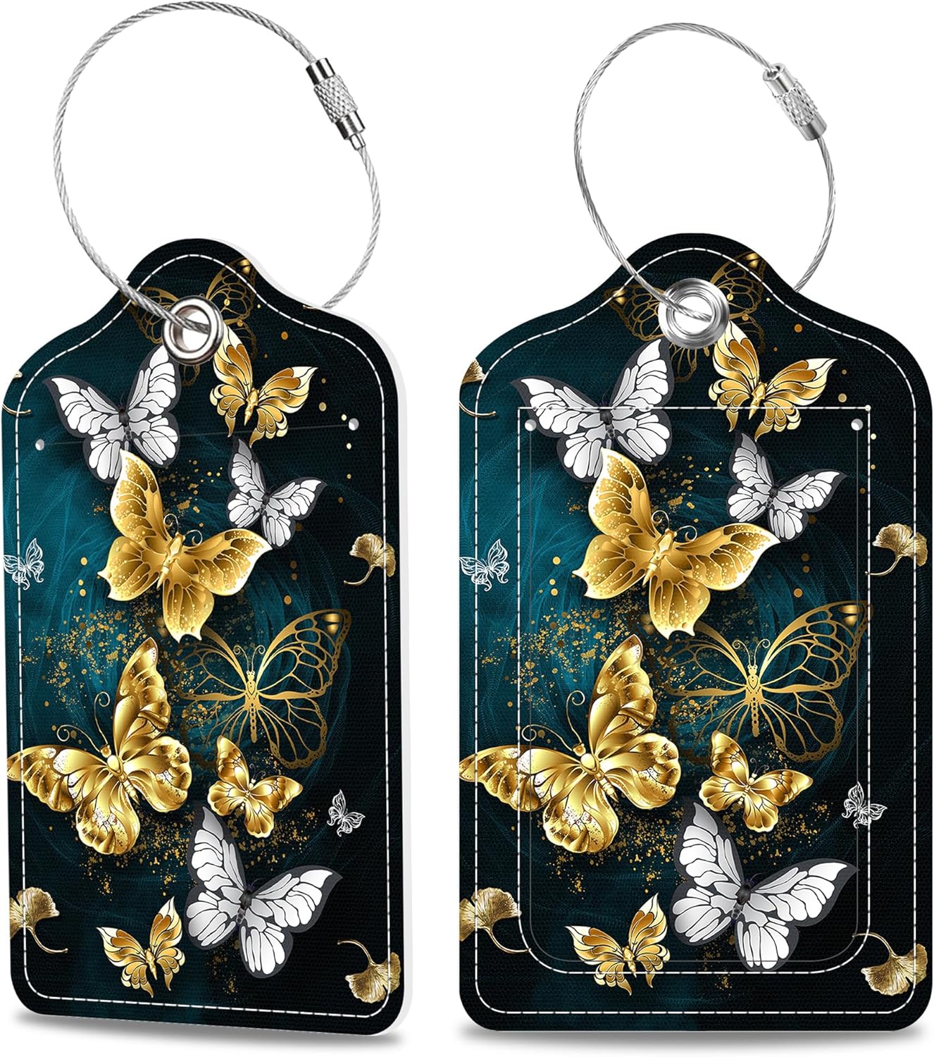 Set of 2 Luggage Tags Golden and White Butterfly Leather Suitcases Tag with Privacy Cover Stainless Steel Loop and Address Card for Women Men Travel