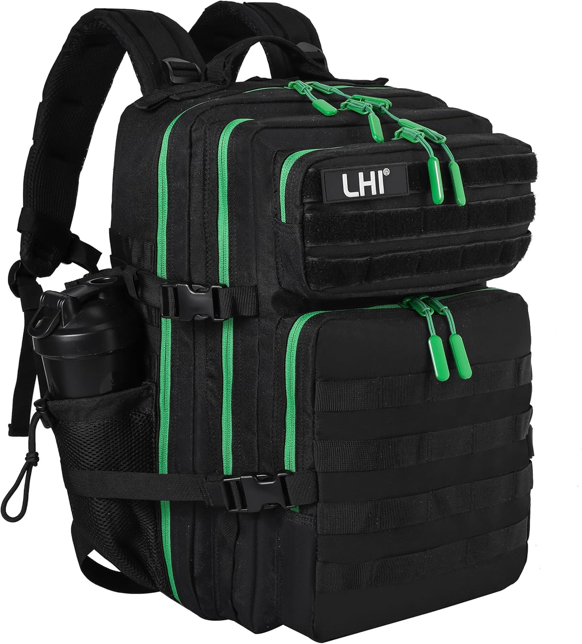 LHI Military Tactical Backpack for Men and Women 45L Army 3 Days Assault Pack Bag Large Rucksack with Molle System - Black with green zipper