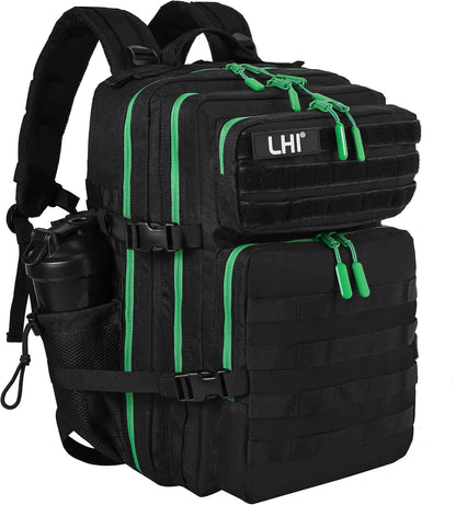 LHI Military Tactical Backpack for Men and Women 45L Army 3 Days Assault Pack Bag Large Rucksack with Molle System - Black with green zipper