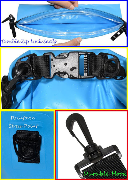 Freegrace Waterproof Dry Bags Set of 3 Dry Bag with 2 Zip Lock Seals & Detachable Shoulder Strap, Waist Pouch & Phone Case - Can Be Submerged Into Water - for Swimming (Sky Blue, 5L)