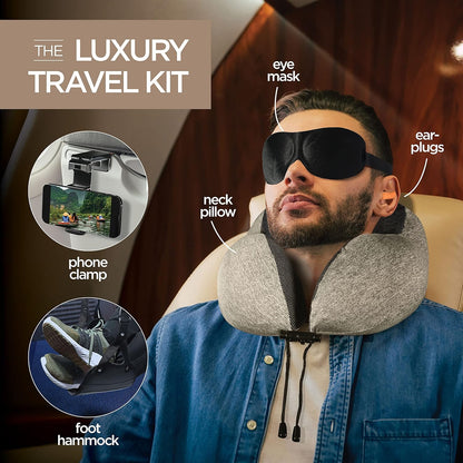 Airplane Neck Pillow Includes Travel Pillow + Airplane Phone Holder Mount + Eye Masks + Foot Hammock + Earplugs for Travel, 100% Pure Memory Foam Travel Pillow, 5 Pc Travel Kit, 2 Pack