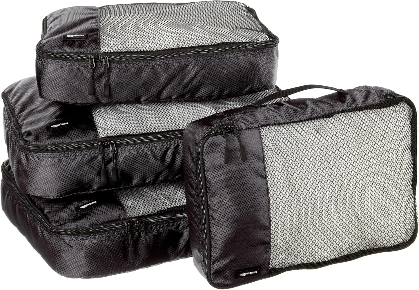 Amazon Basics 4 Piece Packing Travel Organizer Zipper Cubes Set, Medium (2) and Large (2), Black