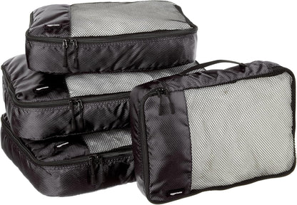 Amazon Basics 4 Piece Packing Travel Organizer Zipper Cubes Set, Medium (2) and Large (2), Black