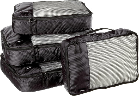 Amazon Basics 4 Piece Packing Travel Organizer Zipper Cubes Set, Medium (2) and Large (2), Black