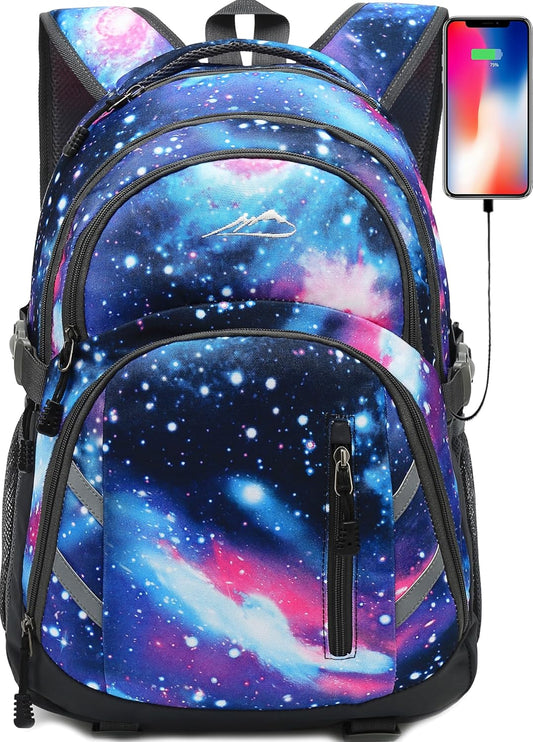 ProEtrade Backpack Bookbag for College Laptop Travel,Fit Laptop Up to 15.6 inch with USB Charging Port Multi Compartment Anti theft, Gift for Women Men (Galaxy)