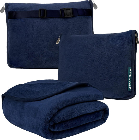 PAVILIA Travel Blanket Pillow, Soft Airplane Blanket 2-IN-1 Combo Set, Plane Blanket Compact Packable, Flight Essentials Car Pillow, Travelers Gifts Accessories Luggage Backpack Strap, 60x43 Navy Blue