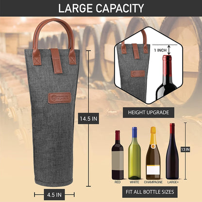 opux Wine Bag Single Bottle Carrier Tote, Insulated Travel Wine Cooler Bag for Picnic Beach Gift, Thermal Padded Portable One Bottle Holder Carrying Case for Women Men Wine Lovers, Charcoal Gray