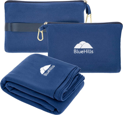 BlueHills Travel Blanket Pillow Compact Lightweight Pocket Size Airplane Traveling Essential Flight Trip Throw in Bag Portable Case Plane Accessory Navy Blue L04
