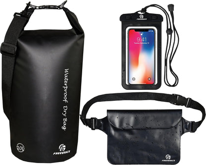 Freegrace Waterproof Dry Bags Set Of 3 Dry Bag With 2 Zip Lock Seals & Detachable Shoulder Strap, Waist Pouch & Phone Case - Can Be Submerged Into Water - For Swimming (Black, 10L)