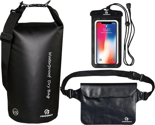 Freegrace Waterproof Dry Bags Set Of 3 Dry Bag With 2 Zip Lock Seals & Detachable Shoulder Strap, Waist Pouch & Phone Case - Can Be Submerged Into Water - For Swimming (Black, 5L)