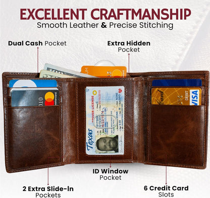 BULL GUARD Best Leather Men's RFID Trifold Wallet With ID Great Outdoor Wallet