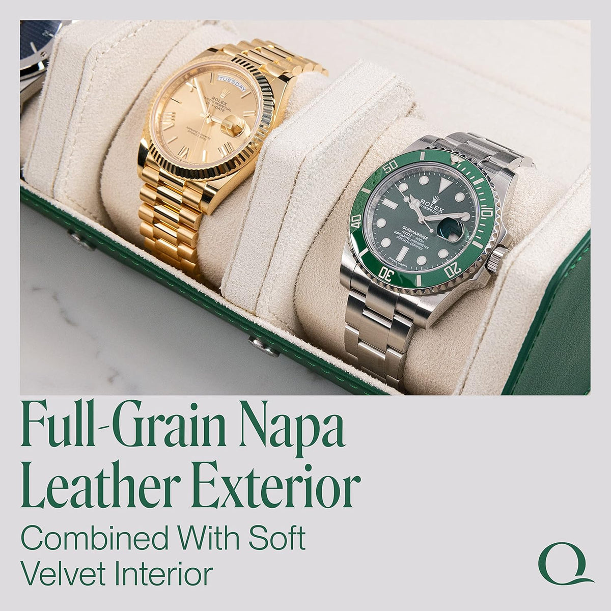Napa Leather Watch Rolls for Men - Hexagon Triple Watch Roll Travel Case for 3 Watches - Storage Organizer Genuine Leather with Velvet Interior Display (Green/Cream)