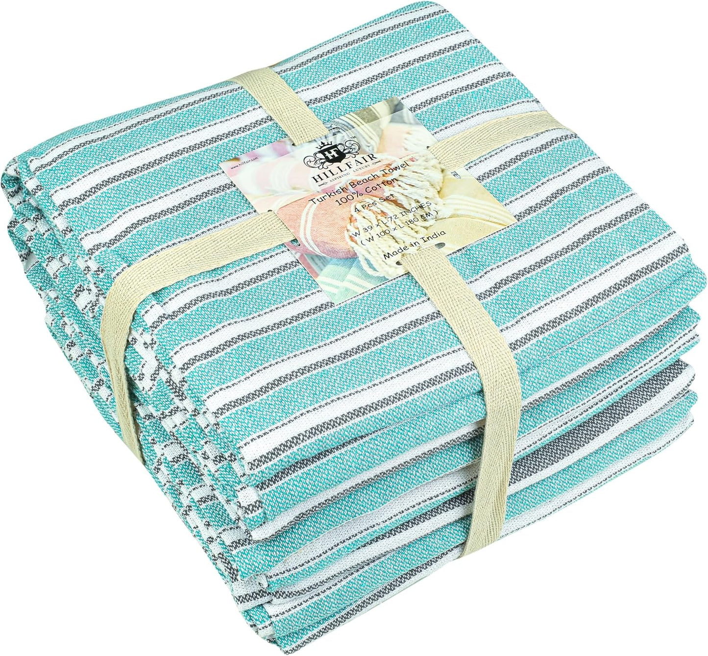 HILLFAIR Cotton Turkish Beach Towels, Quick Dry Lightweight Sand Free Peshtemal Towel for Bath Swim Yoga Pool Travel, Beach Accessories, Oversized Cotton Turkish Towel (39 x 72 inch- 4 Pack Aqua Grey)