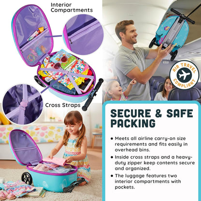 Hardshell Kids Ride-On Luggage with Scooter Suitcase – Carry-On Compliant with LED Light-Up Wheels – Fun and Functional Travel Companion for Children Ages 5–12
