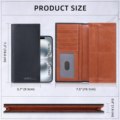 VISOUL Mens Billfold Long Checkbook Wallet Leather with RFID Blocking, Large Bifold Secretary Cash Wallet Tall with 12 Card Slots for Men (Black+Orange)