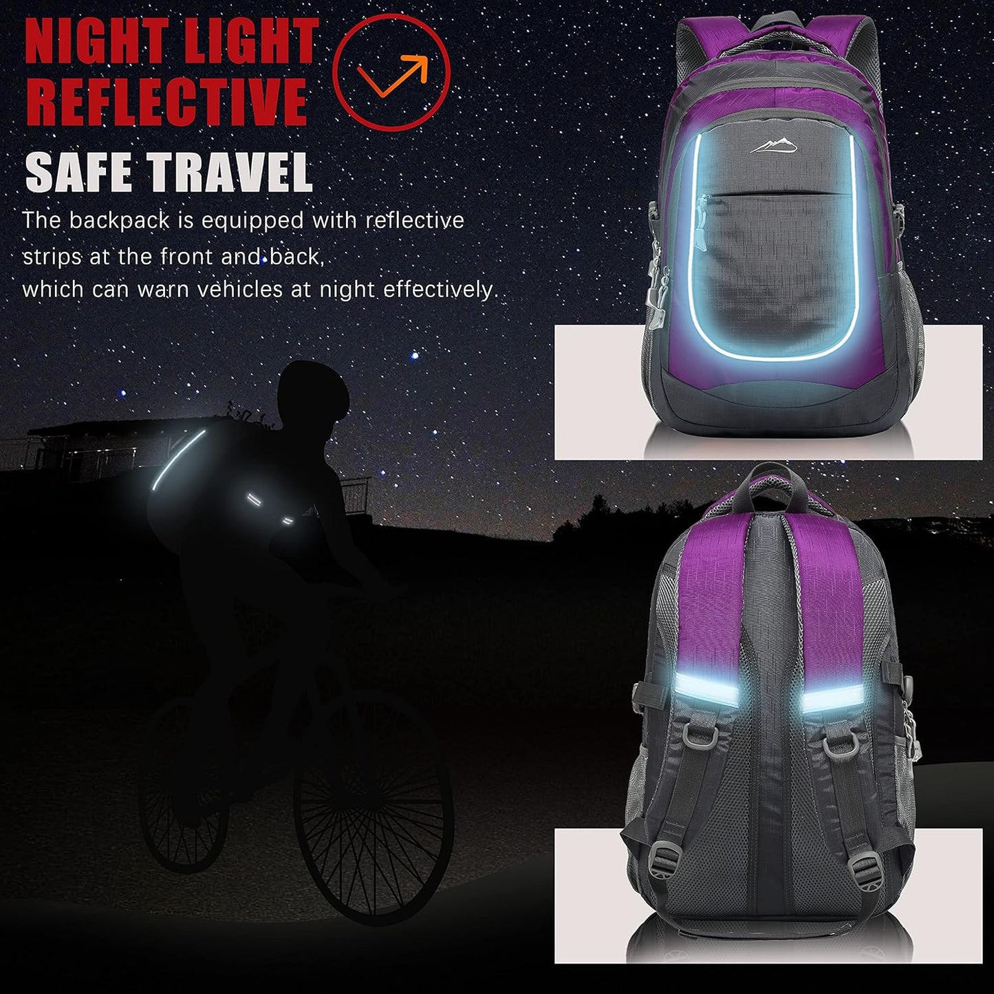 ProEtrade Backpack Bookbag for College Sturdy Travel Business Hiking Fit Laptop Up to 15.6 Inch Multi Compartment Gifts for Men Women Night Light Reflective (Purple A)