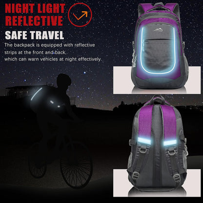 ProEtrade Backpack Bookbag for College Sturdy Travel Business Hiking Fit Laptop Up to 15.6 Inch Multi Compartment Gifts for Men Women Night Light Reflective (Purple A)