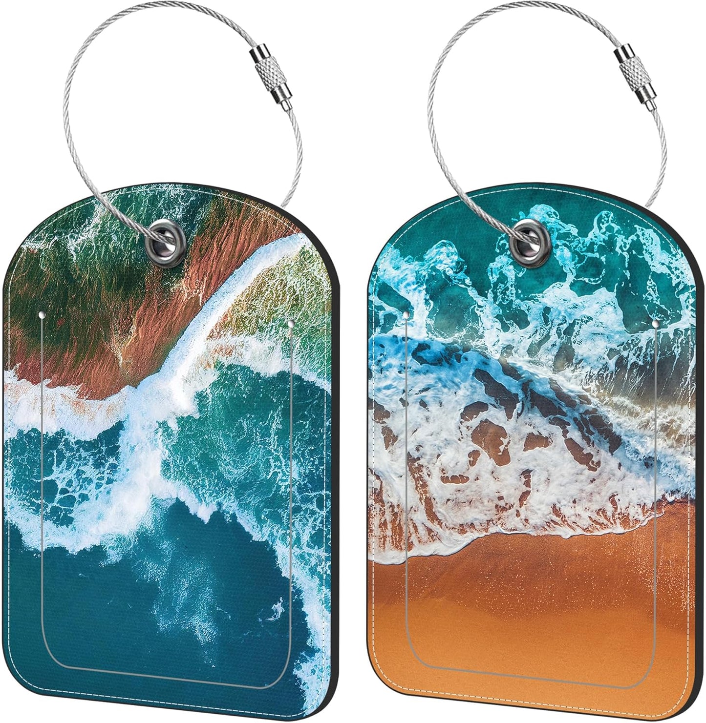 Sandy Beach Wave Luggage Tag for Suitcase Set of 2 PU Leather Cute Luggage Tags with Stainless Metal Loop ID Label Privacy Flap Suitcase Tags for Women and Men Travel