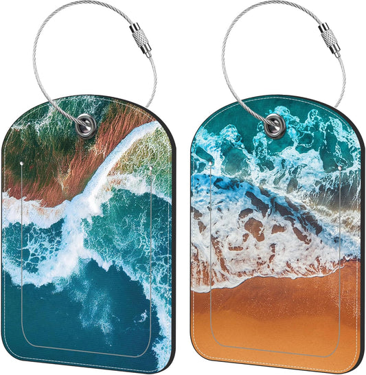 Sandy Beach Wave Luggage Tag for Suitcase Set of 2 PU Leather Cute Luggage Tags with Stainless Metal Loop ID Label Privacy Flap Suitcase Tags for Women and Men Travel