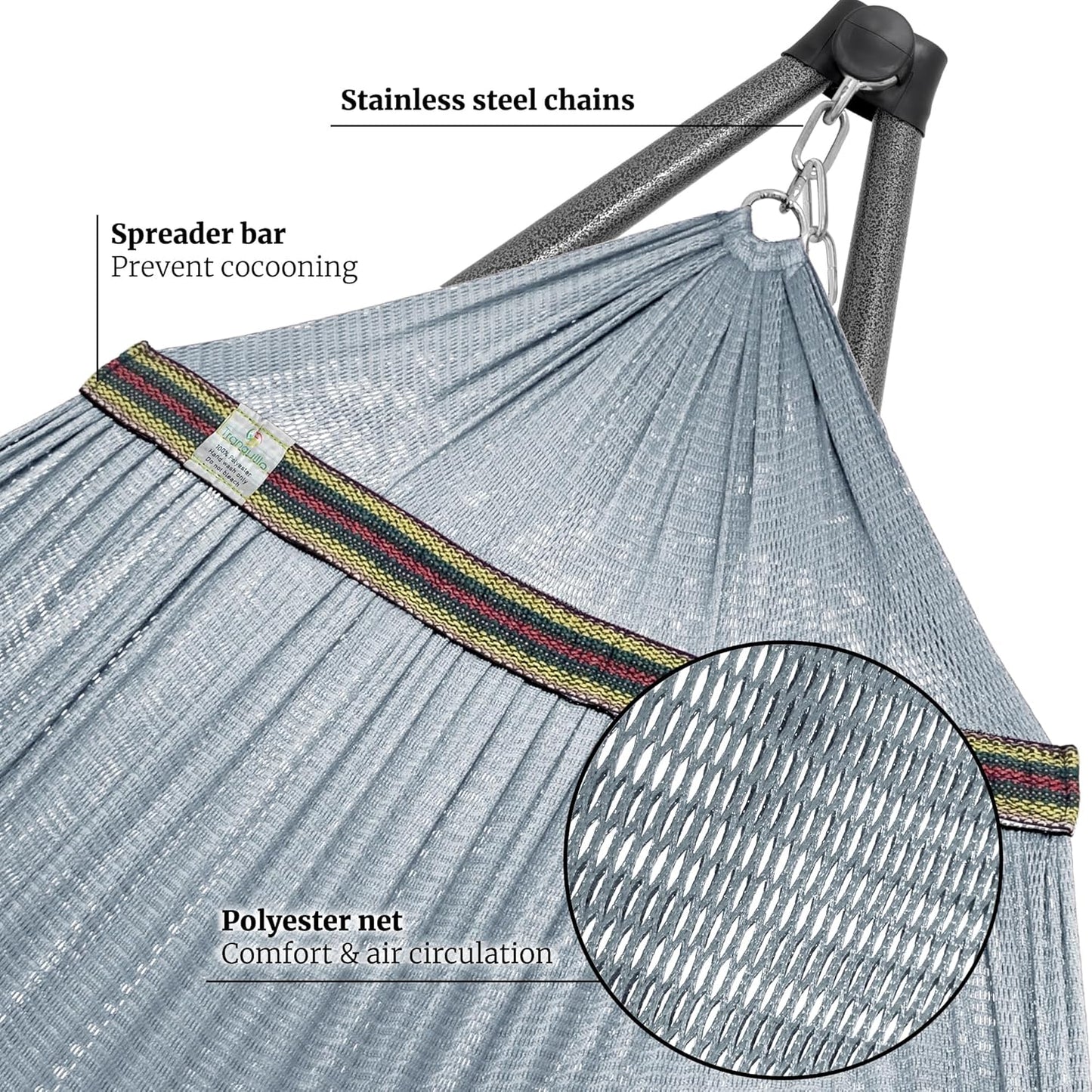Tranquillo Combo x2 Hammocks with Stand for Outside & Tree Straps, Heavy Duty Hammock with Stand 600lbs for Indoor Outdoor Patio Backyard, x2 Hammocks for 2 Person, Portable Carrying Bags, Gray