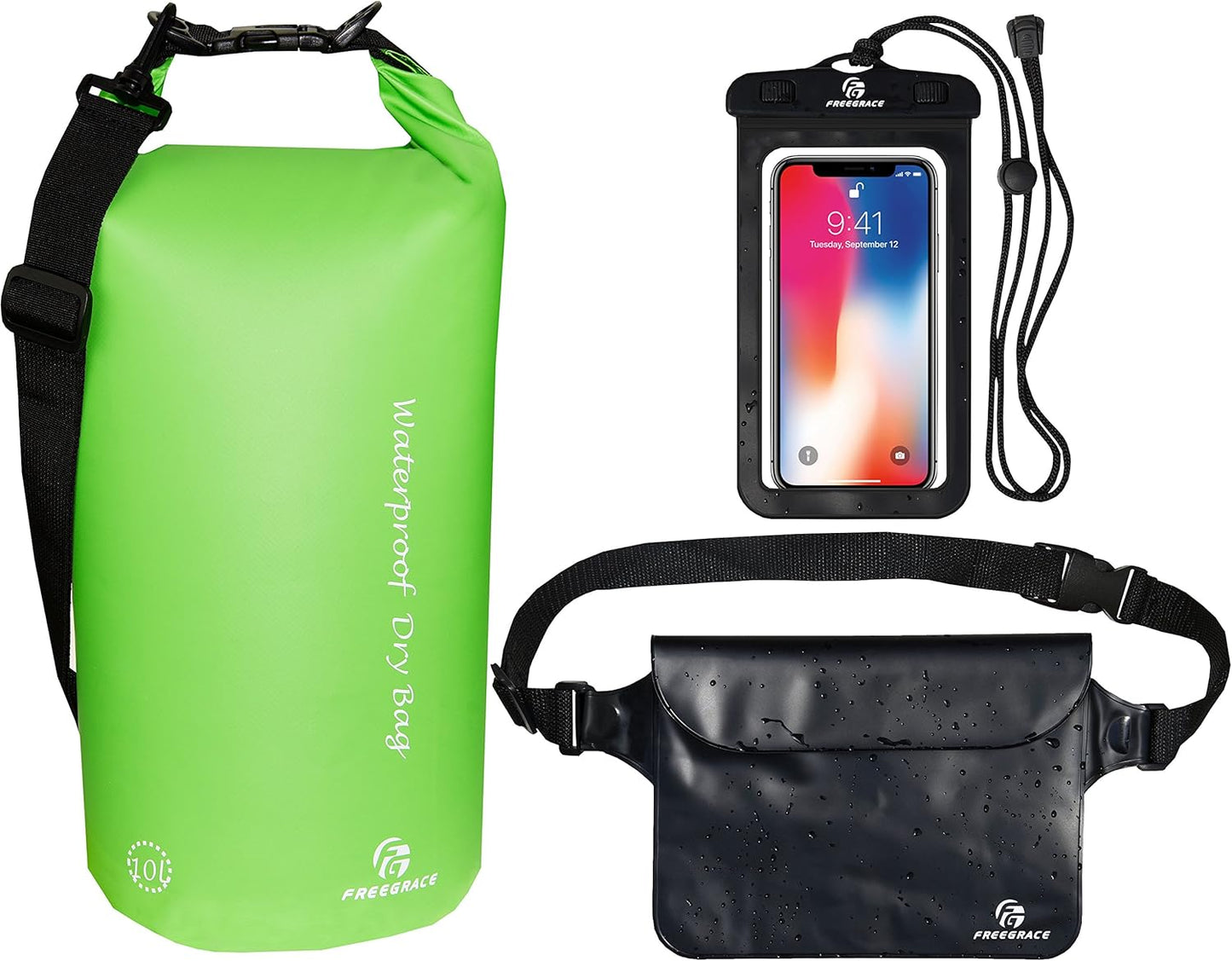 Freegrace Waterproof Dry Bags Set of 3 Dry Bag with 2 Zip Lock Seals & Detachable Shoulder Strap, Waist Pouch & Phone Case - Can Be Submerged Into Water (Green, 20L)