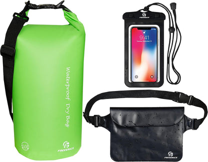 Freegrace Waterproof Dry Bags Set of 3 Dry Bag with 2 Zip Lock Seals & Detachable Shoulder Strap, Waist Pouch & Phone Case - Can Be Submerged Into Water (Green, 20L)