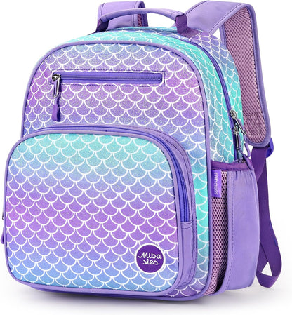 mibasies Girls Backpack 5-8: Glitter Kids Backpacks for Girls - Girl Bookbag for Elementary School - Fish Scale Purple