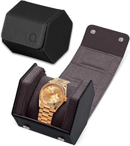 Single Leather Watch Case for Men - Hexagon Watch Roll Travel Case - Genuine Napa Leather with Luxury Velvet Interior - Storage & Display Holder for 1 Watch (Black/Charcoal)