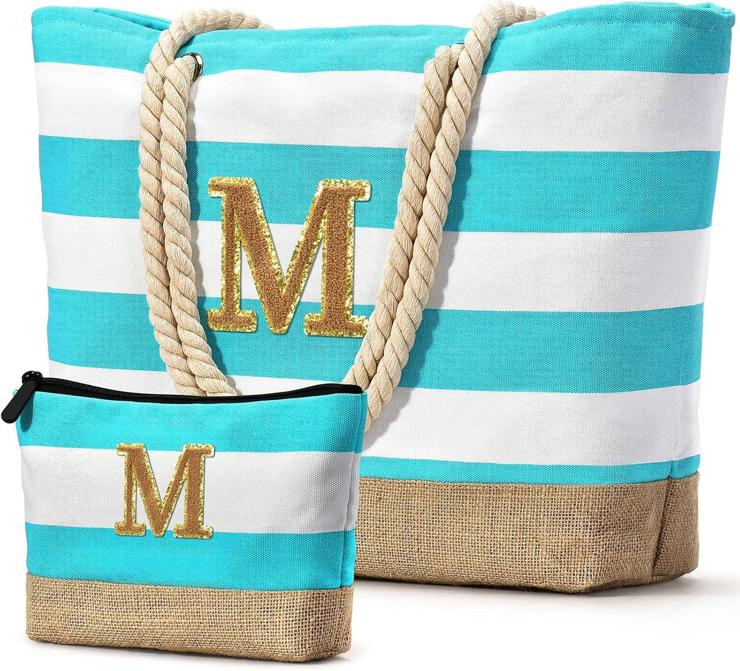 Becokan Beach Bag Initial Beach Tote with Makeup Bag for Travel Work Storage Personalized Birthday Gifts for Women Her