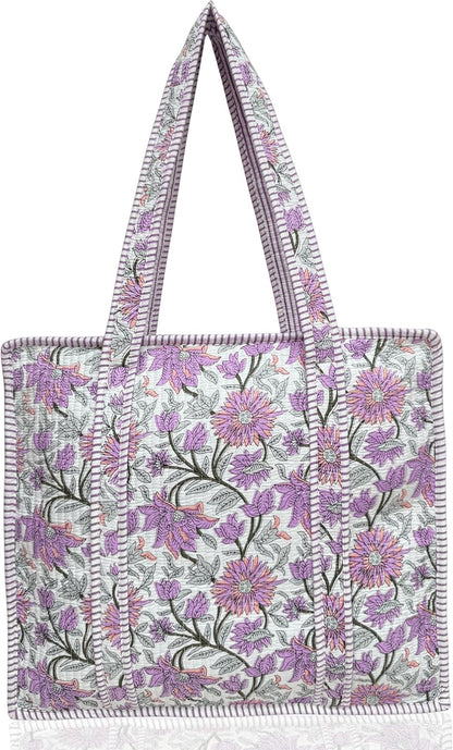 Cotton Quilted Tote Bag for Women – Large Beach & Travel Tote with Zipper, Reusable Grocery Bag