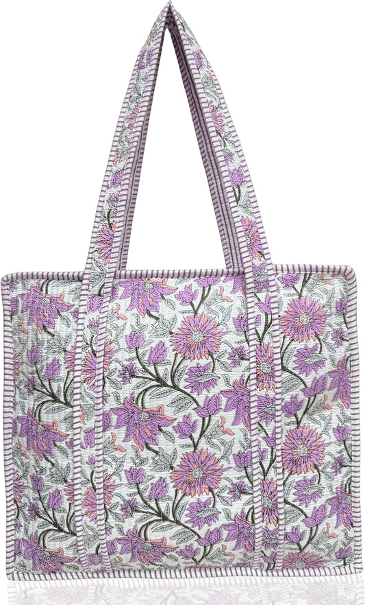 Cotton Quilted Tote Bag for Women – Large Beach & Travel Tote with Zipper, Reusable Grocery Bag