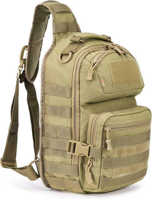 15L Tactical Crossbody Sling Bag | Everyday One Shoulder Backpack Fit 12 Inch Laptop, Molle, Daily Use, Travel, Hiking (Tan)