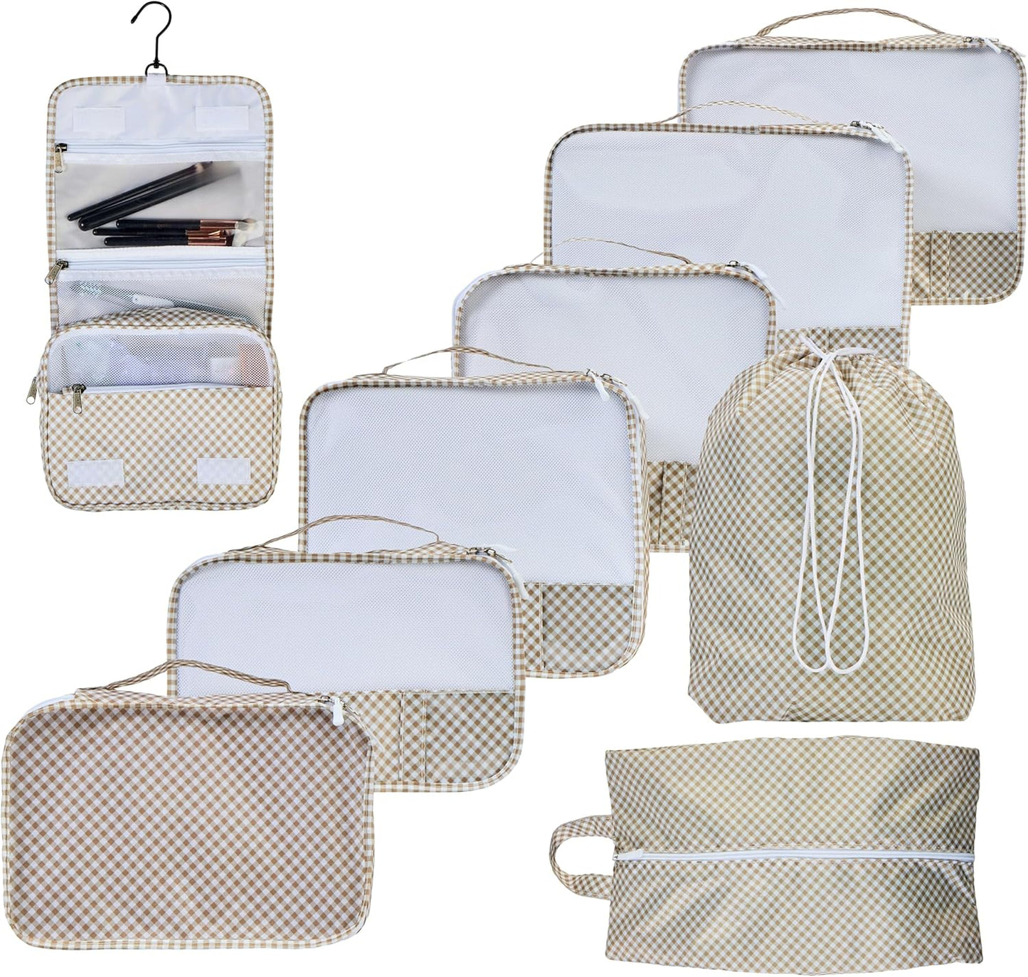 9 Set Packing Cubes - Suitcase Organizer, Cute Packing Cubes, Travel Bags Organizer for Luggage with Hanging Toiletry and Shoe Bag, Travel Essentials for Women, Men and Kids -Gingham