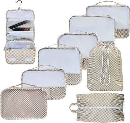 9 Set Packing Cubes - Suitcase Organizer, Cute Packing Cubes, Travel Bags Organizer for Luggage with Hanging Toiletry and Shoe Bag, Travel Essentials for Women, Men and Kids -Gingham
