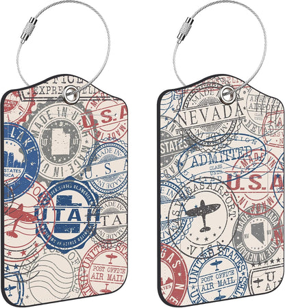 Travel Stamp Luggage Tags for Suitcases Leather Travel Tags for Luggage ID Label with Privacy Cover and Stainless Steel Loop for Men Women Suitcase Backpack, Set of 2