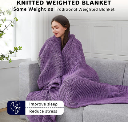 L'AGRATY Knitted Weighted Blanket - 50''x60'' 7lbs Cooling Chunky Knit Heavy for Adults Braided Crochet Throw Thick Cable Yarn Decorative No Beads Evenly Machine Washable, K - Purple (Knitted)