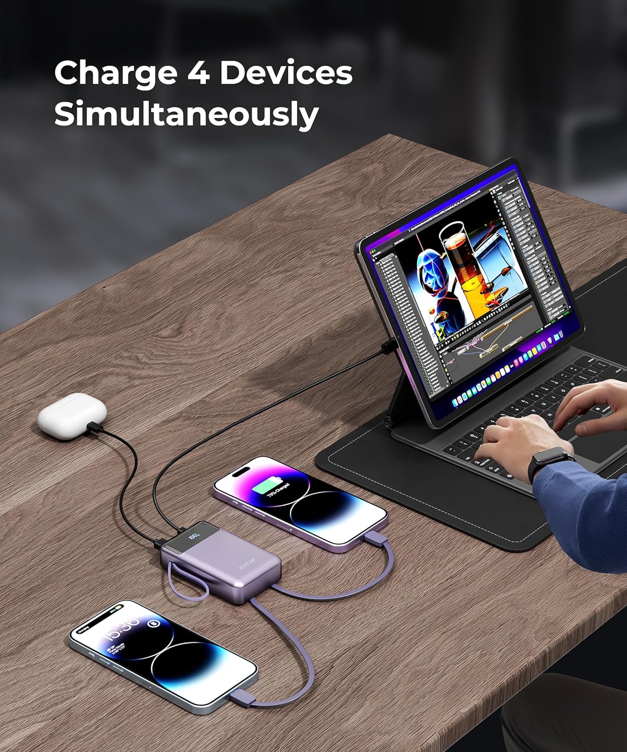 Portable-Charger-Power-Bank Travel Essentials Battery Pack USB C 30000mAh Built in Cable 22.5W Phone Fast Charging Powerbank Compatible with iPhone 16 15 14 13 12 X iPad Samsung Google (Purple)