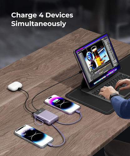 Portable-Charger-Power-Bank Travel Essentials Battery Pack USB C 30000mAh Built in Cable 22.5W Phone Fast Charging Powerbank Compatible with iPhone 16 15 14 13 12 X iPad Samsung Google (Purple)