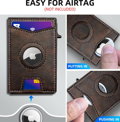 Airtag Wallet for Men,with Money Clip Gift Boxed,Slim Front Pocket Wallet RFID Blocking Metal Case Smart Pop-up Credit Card Holder in Magnetic Leather Flip