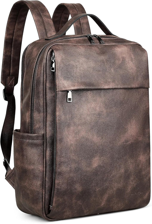 MASINTOR 15.6 inch PU Leather Laptop Backpack Purse for Women, Large College Casual Backpack Travel Bag Retro Coffee