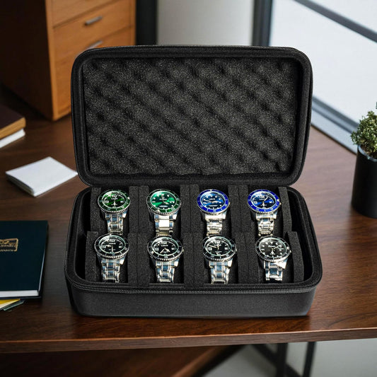 8 slots watch box, hard watch organizer case for men's women's watches, watch display organization holder with form-fitiing watch pillow