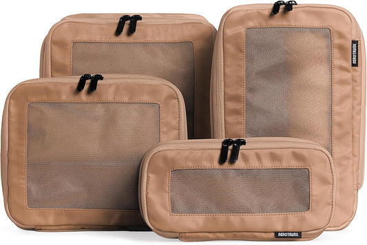 Aerotrunk Compression Packing Cubes for Travel - Luggage Organizer Bags - Double Zipper Packing Cubes for Suitcases (4-Pack, Mocha)