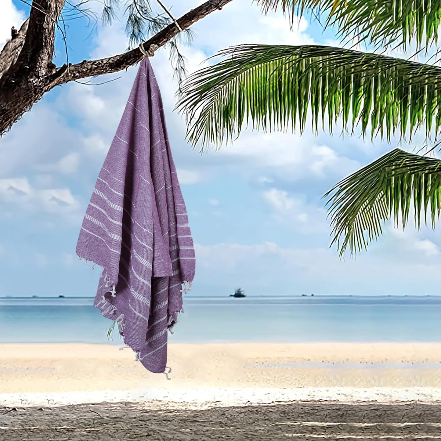 HILLFAIR Cotton Turkish Beach Towels, Quick Dry Lightweight Sand Free Peshtemal Towel for Bath Swim Yoga Spa Travel, Beach Accessories, Oversized Cotton Turkish Towels (39 x 72 inch- 4 Pack Purple)