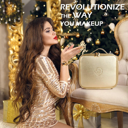 MOMIRA Makeup Bag with Mirror and Light Travel Makeup Train Case Cosmetic Bag Organizer Portable Artist Storage Bag with Adjustable Dividers Makeup Brushes Storage Organizer Golden