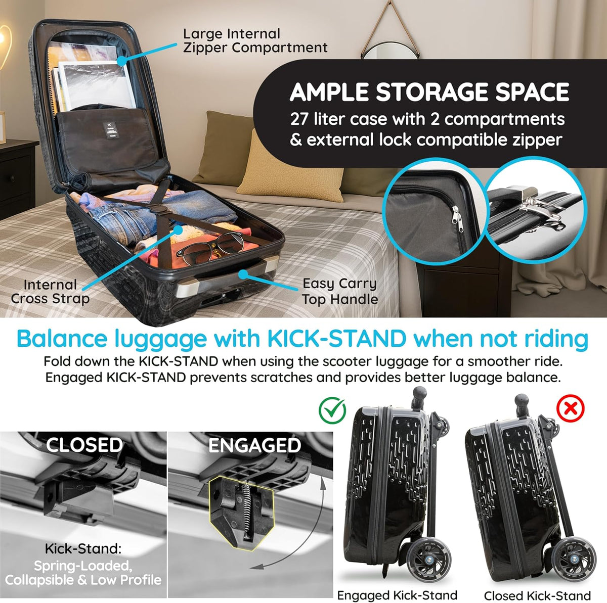 Teen Totes Detachable 4-in-1 Scooter Luggage for Kids – Ride-On Suitcase with Removable Luggage Body, Adjustable Handlebar, Durable Deck & Brake, Carry-On Size – Travel & Play
