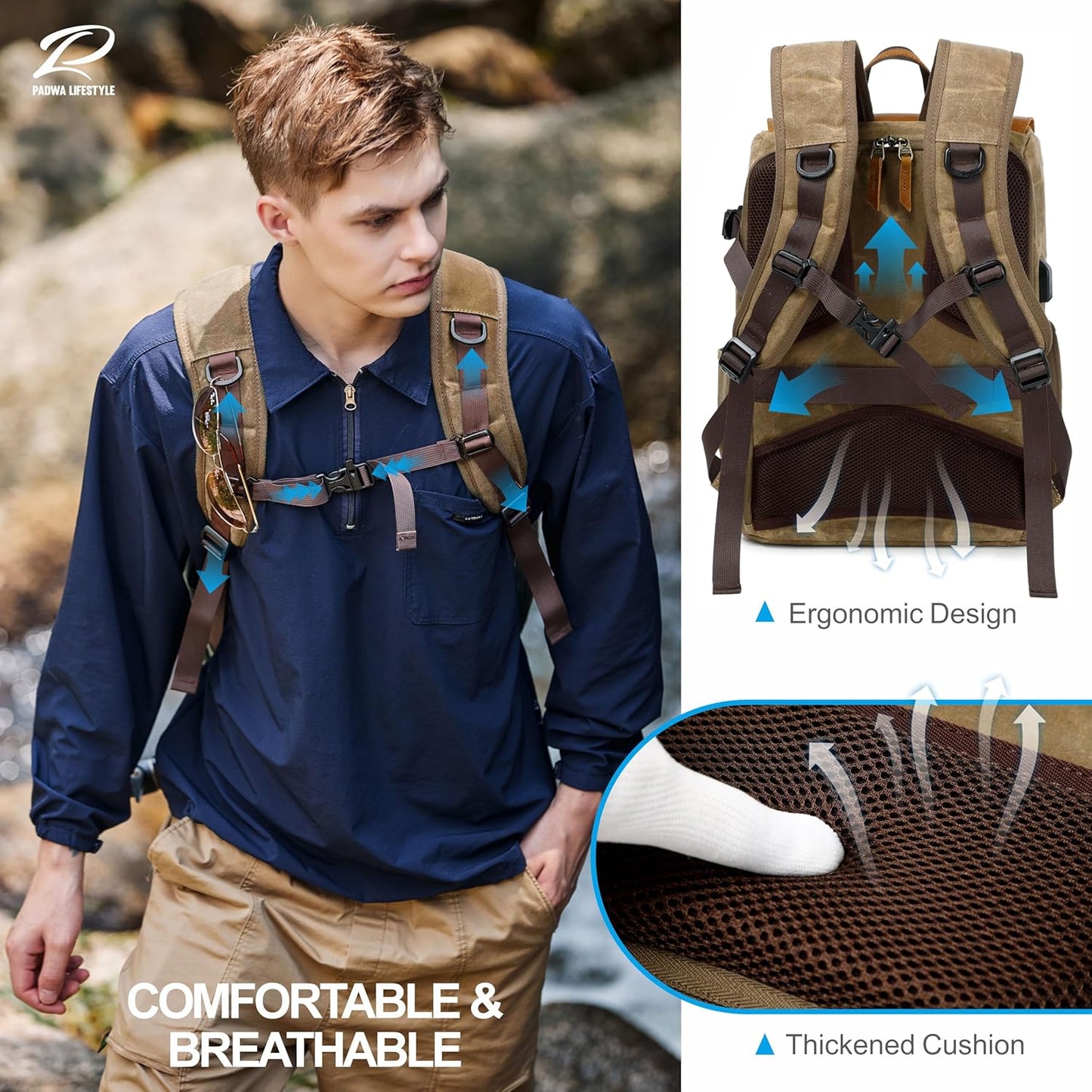 Padwa Lifestyle Khaki Camera Backpack - Weather Resistant Waxed Memory Canvas Camera Backpacks for Photographers,Multi DSLR SLR Camera Bag with 16” Laptop & Lens Compartment and Tripod Holder