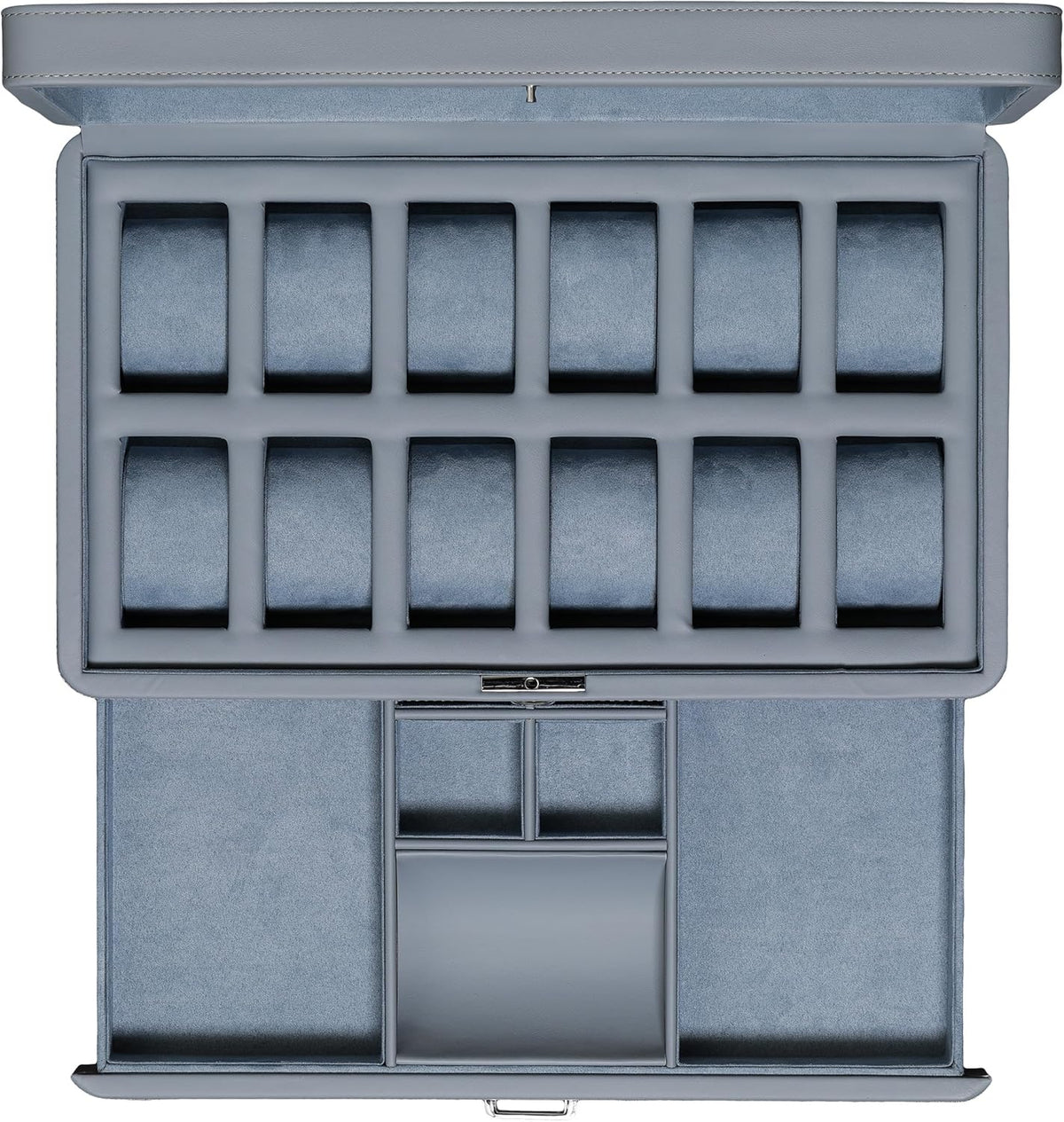 ROTHWELL Luxury Watch Box for 12 Watches – PU Leather Watch Box with Real Glass Lid – Slide out Accessory Drawer with Multiple Compartments (Artic Mist)