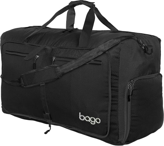 Bago Large Foldable Duffel Bags for Traveling Women & Men - 80L Packable Duffle Bag for Travel with Shoe Compartment - Water Repellant, Heavy Duty, Lightweight Folding & Collapsible (All Black)