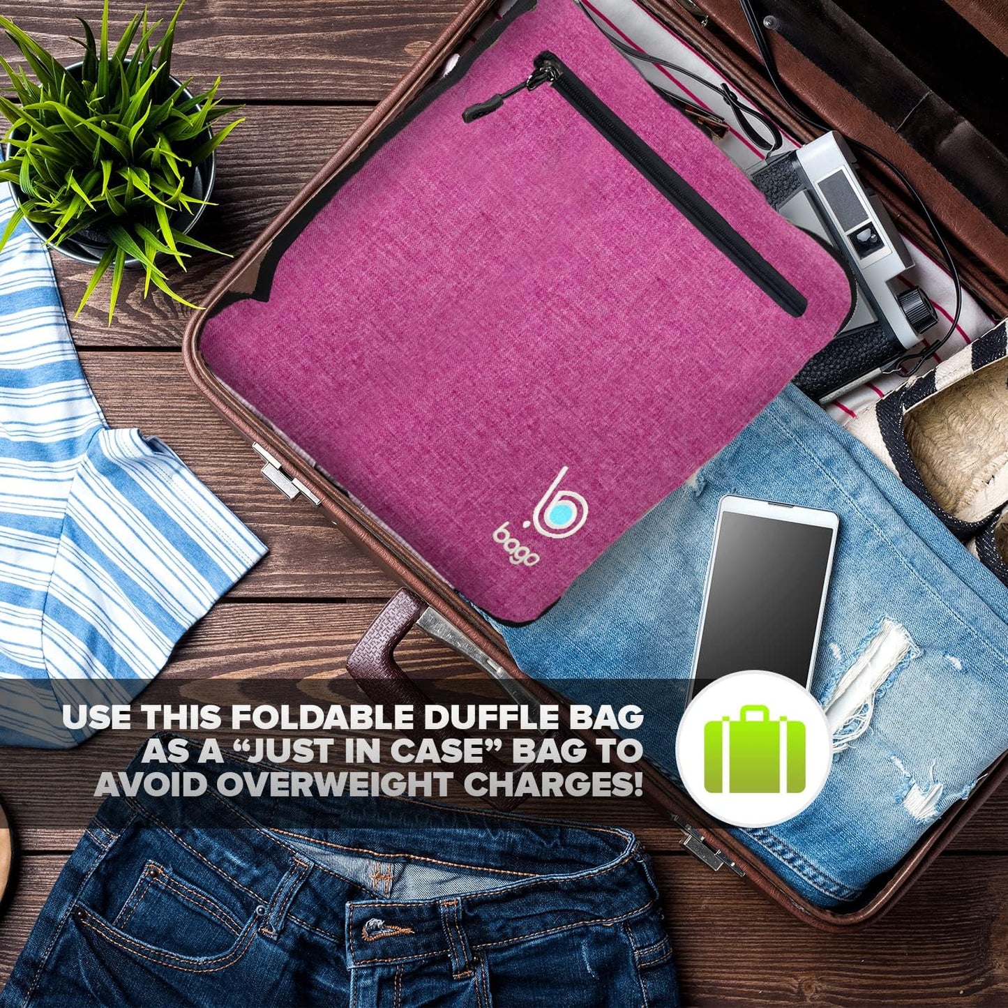 Bago Large Foldable Duffel Bags for Traveling Women & Men - 100L Packable Duffle Bag for Travel with Shoe Compartment - Water Repellant, Heavy Duty, Lightweight Folding & Collapsible (SnowPink)